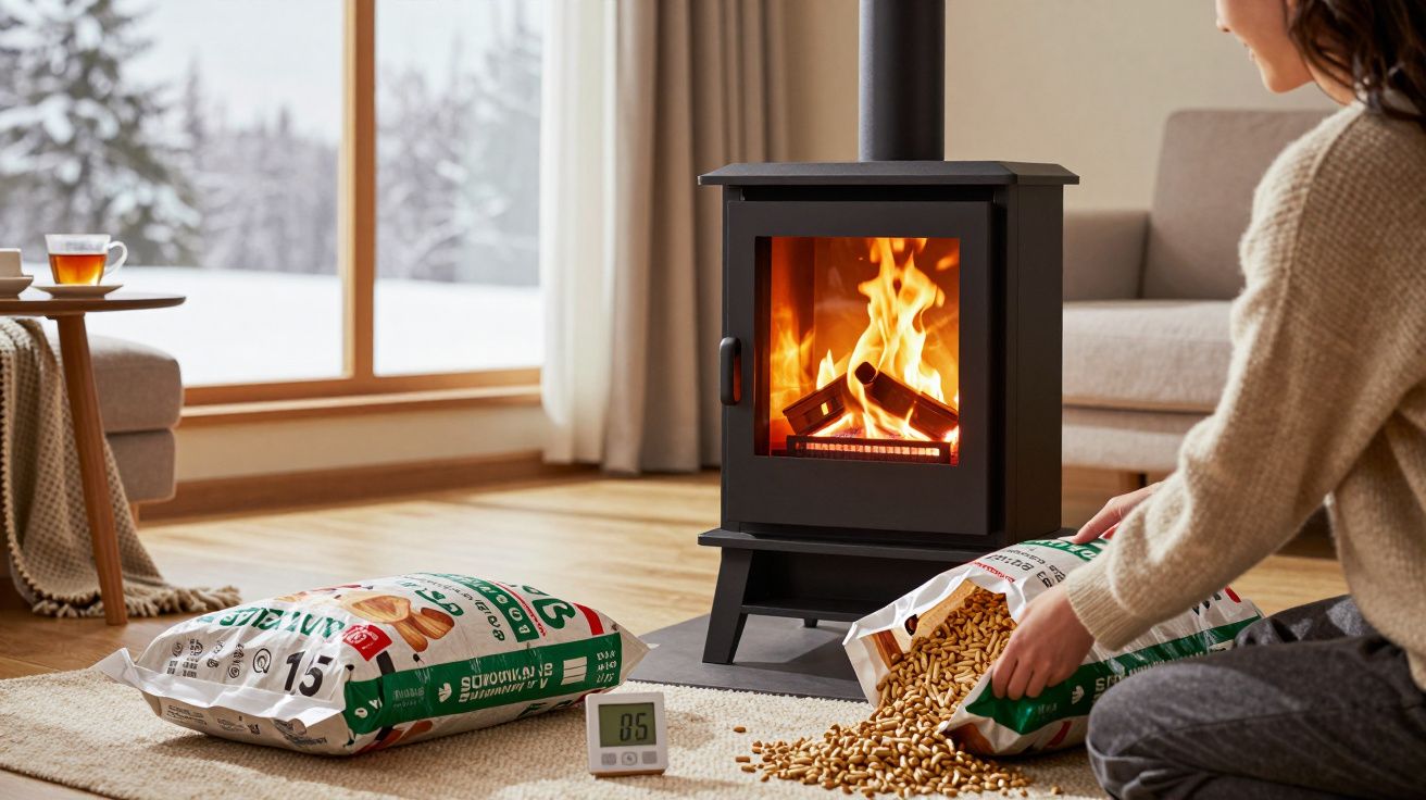 Pessoa derramando pellets de madeira no chão próximo a estufa a lenha em ambiente aconchegante.