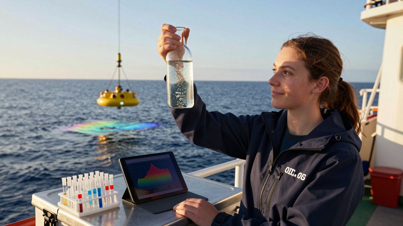 Jovem cientista analisa amostra de água do mar em barco com equipamentos de pesquisa oceanográfica.