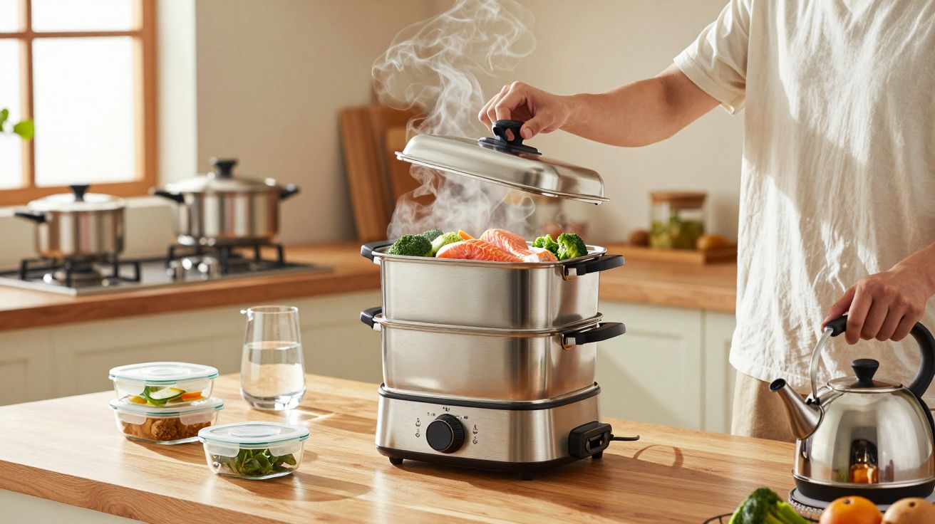 Pessoa abrindo tampa de vaporera elétrica com legumes e salmão na cozinha moderna.
