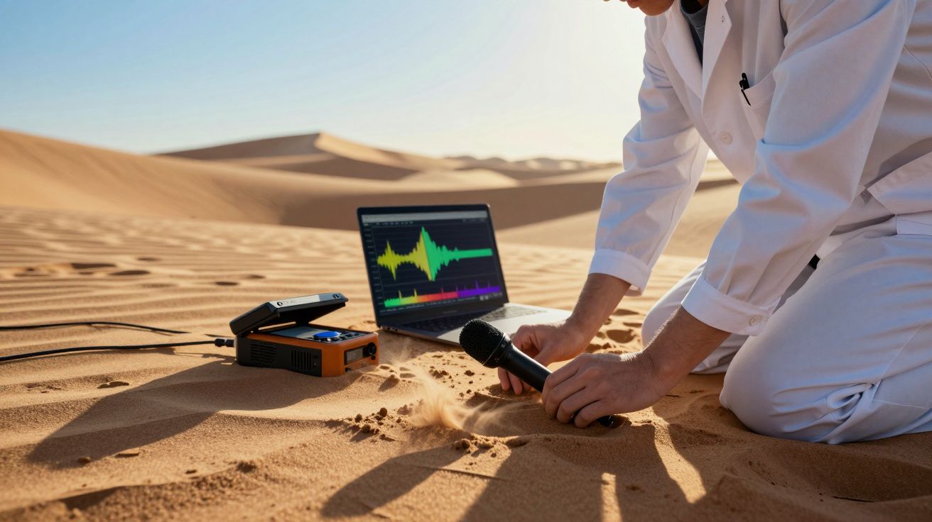 Pesquisador com jaleco coleta dados sísmicos no deserto usando microfone e laptop.