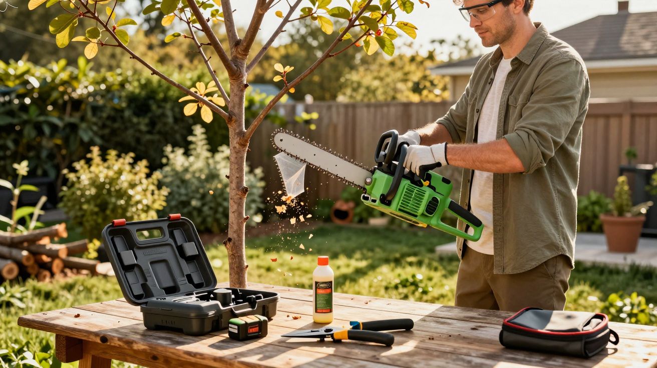 Homem usando motosserra verde em jardim com mesa de madeira e ferramentas ao redor.