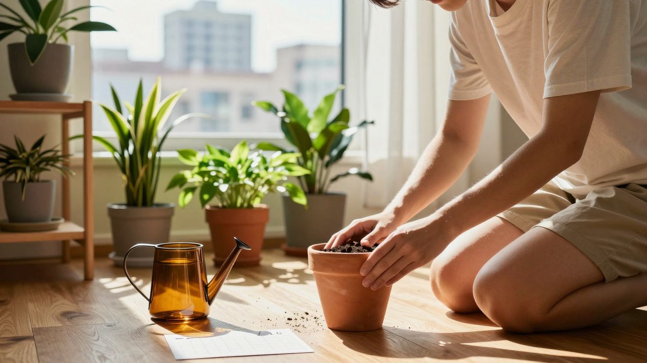 Pessoa colocando terra em vaso de planta em ambiente interno com várias plantas ao fundo.