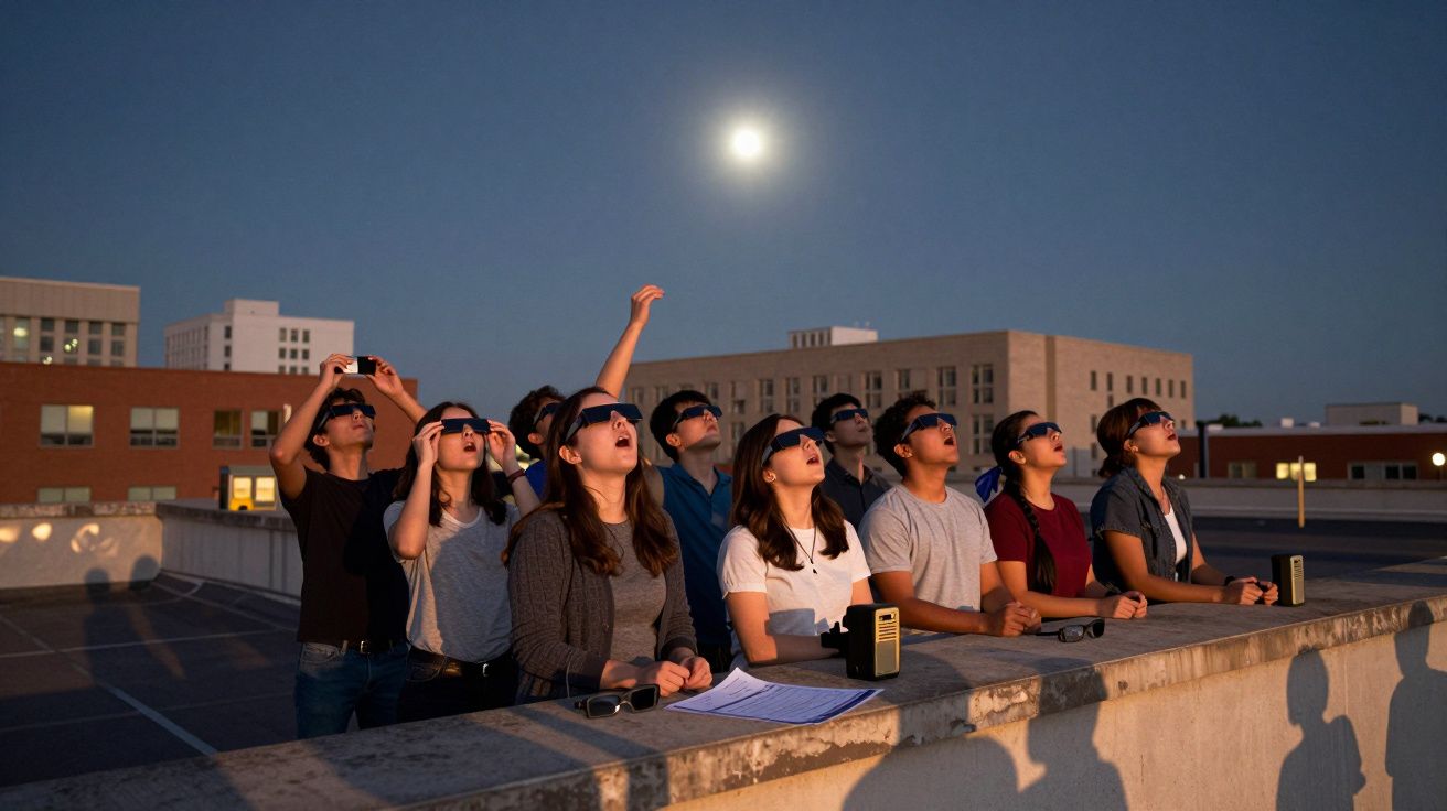 Grupo de pessoas em terraço urbano assistindo eclipse solar com óculos de proteção ao anoitecer.