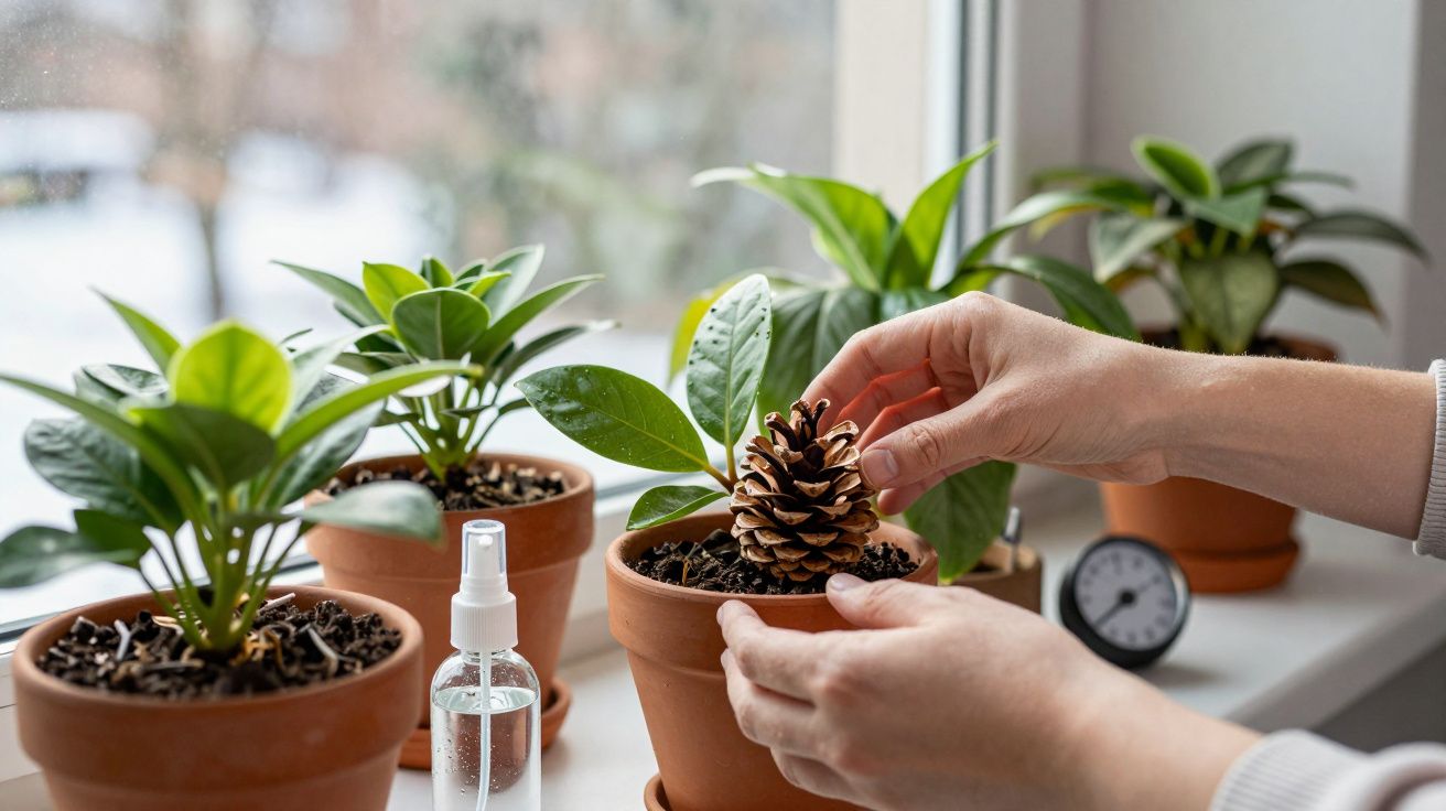 Mãos colocando uma pinha em vaso com planta, ao lado de regador em frasco spray, em janela com outras plantas.