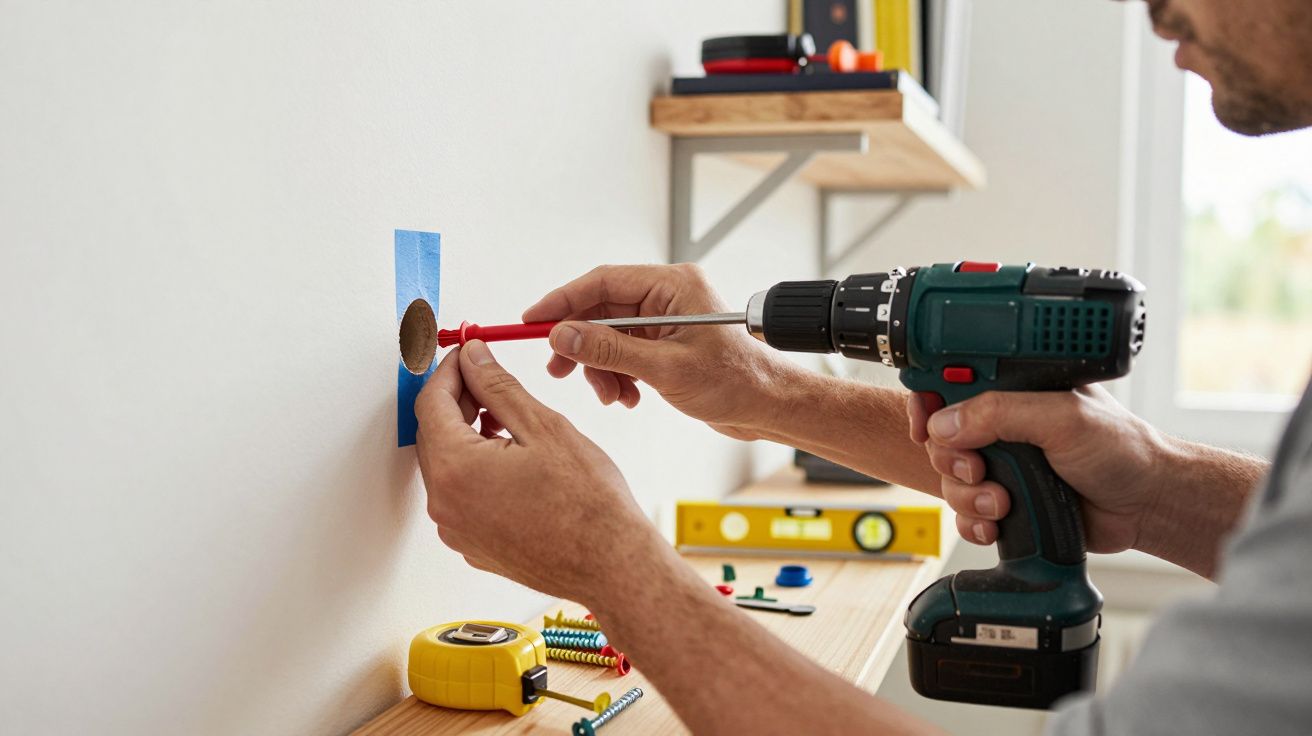 Homem usando furadeira para fixar suporte em parede branca, com fita azul para marcar local.