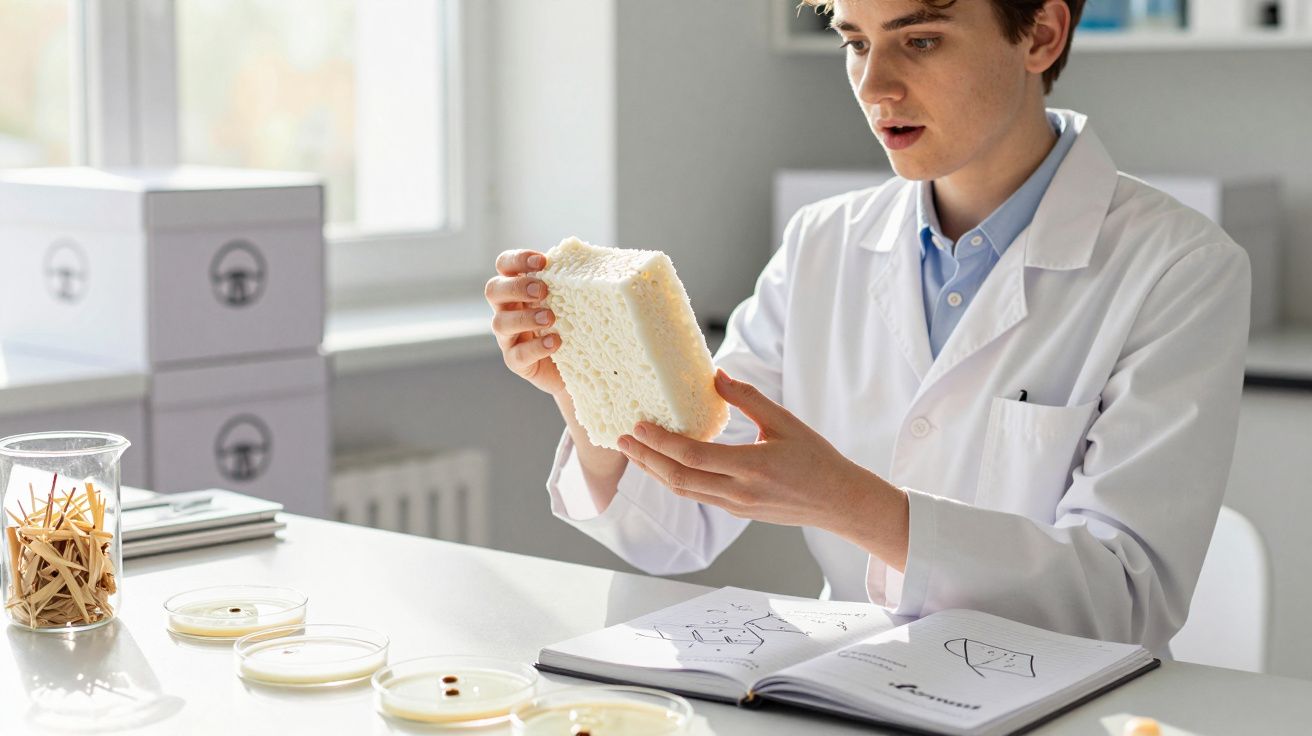 Pessoa com jaleco branco segurando objeto branco poroso em laboratório com cadernos e placas de petri na mesa.