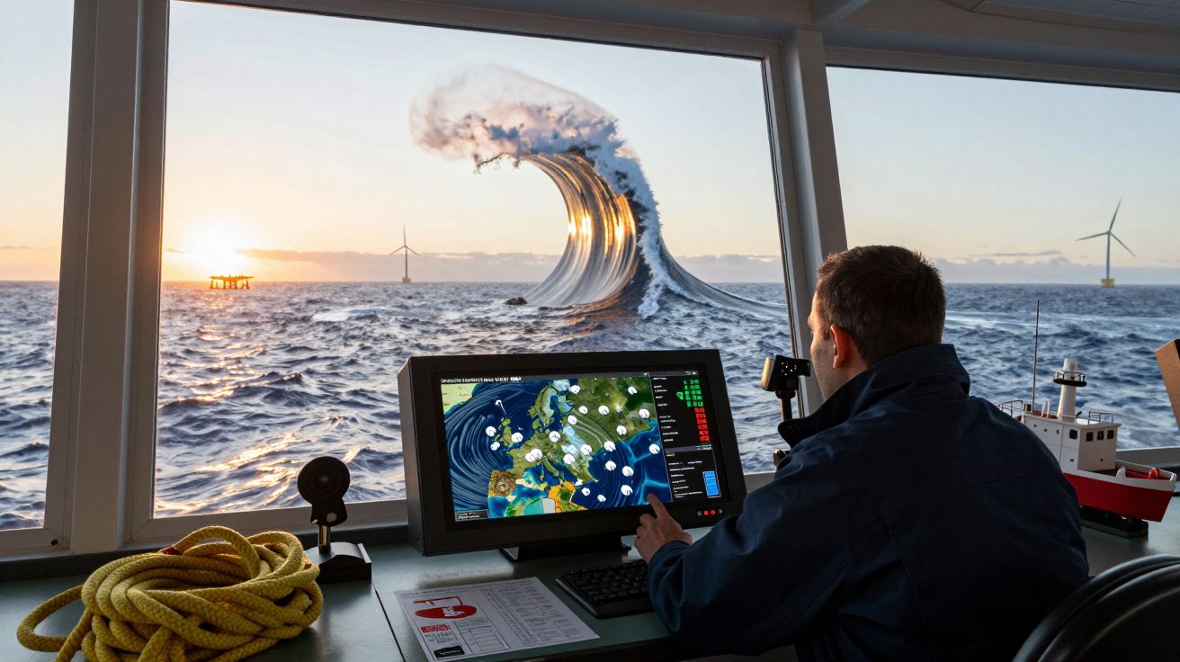 Homem observa uma onda gigante do mar através da janela de um navio, com mapa no monitor à sua frente.