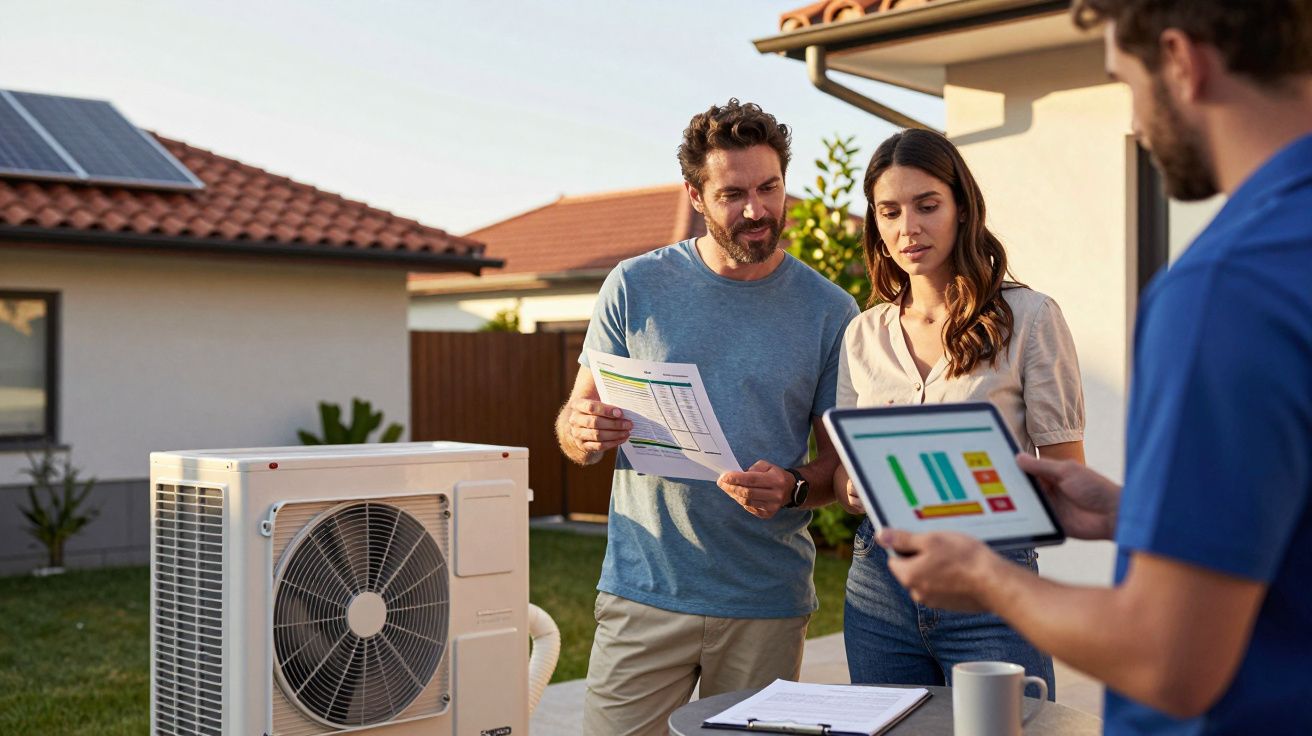 Casal conversa com técnico sobre aparelho de ar condicionado em área externa residencial.