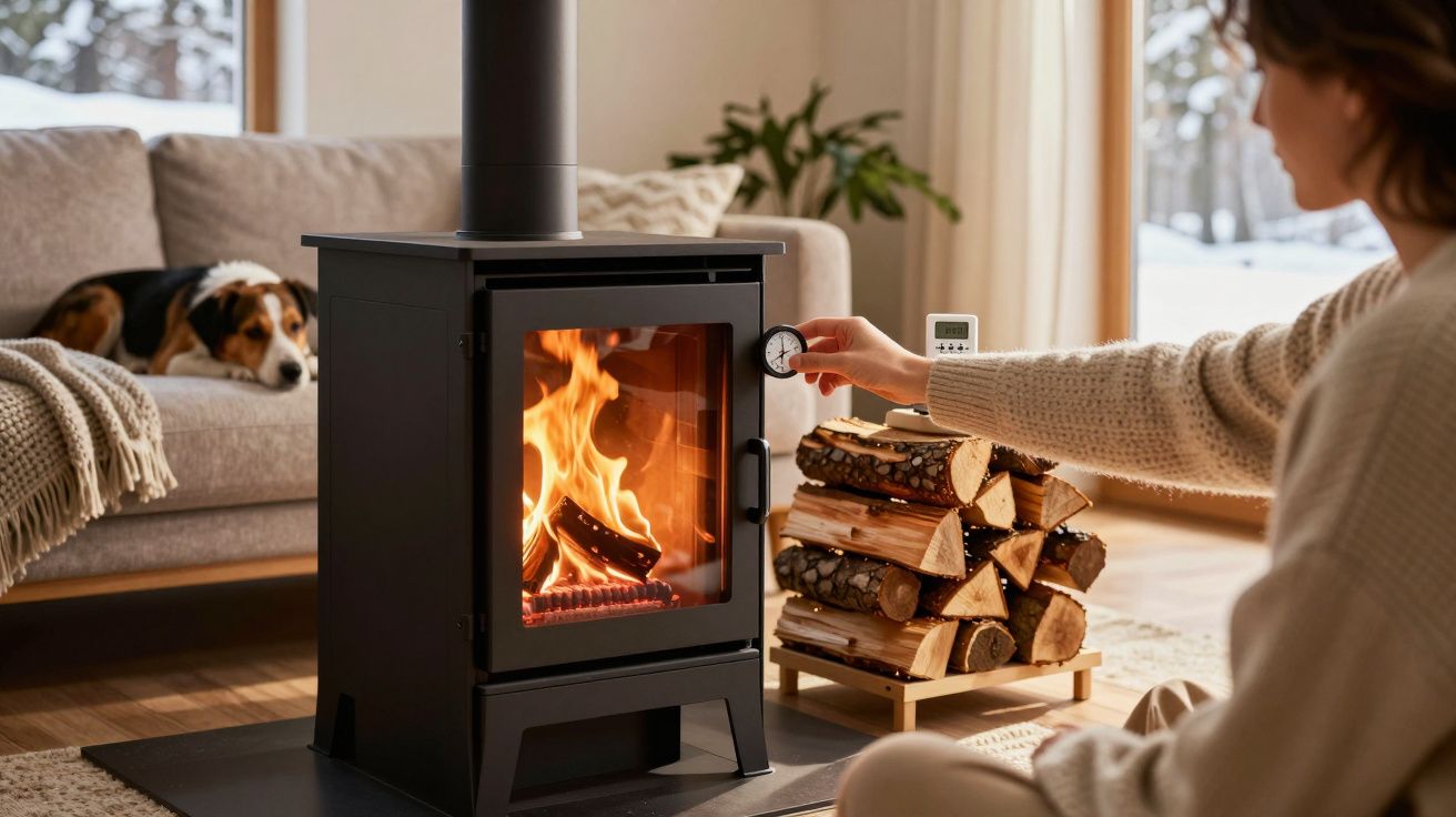 Pessoa ajusta termômetro em fogão a lenha com fogo aceso, ao fundo cachorro dorme no sofá.