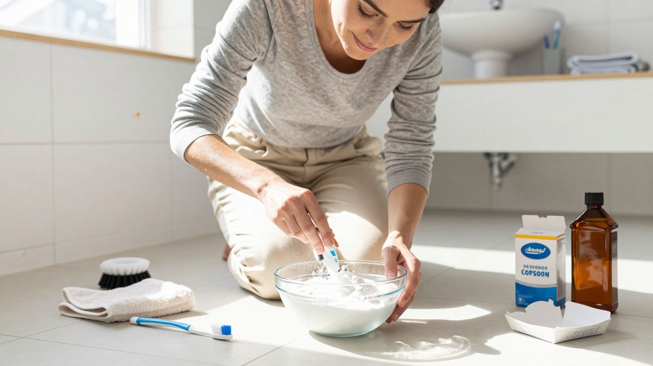 Mulher preparando pasta branca em uma tigela no chão, com escova, algodão e frascos ao lado.