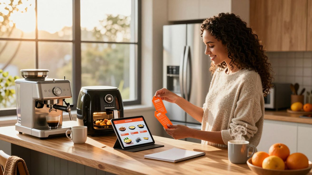 Mulher na cozinha usando tablet para escolher receitas, com café, airfryer e frutas na bancada.