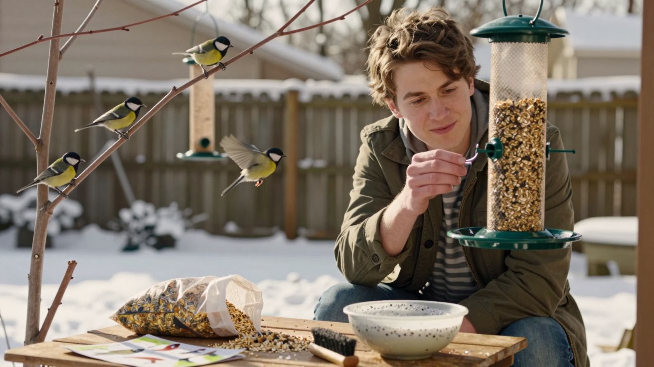 Homem alimentando pássaros com comedouro pendurado em jardim com neve no inverno.