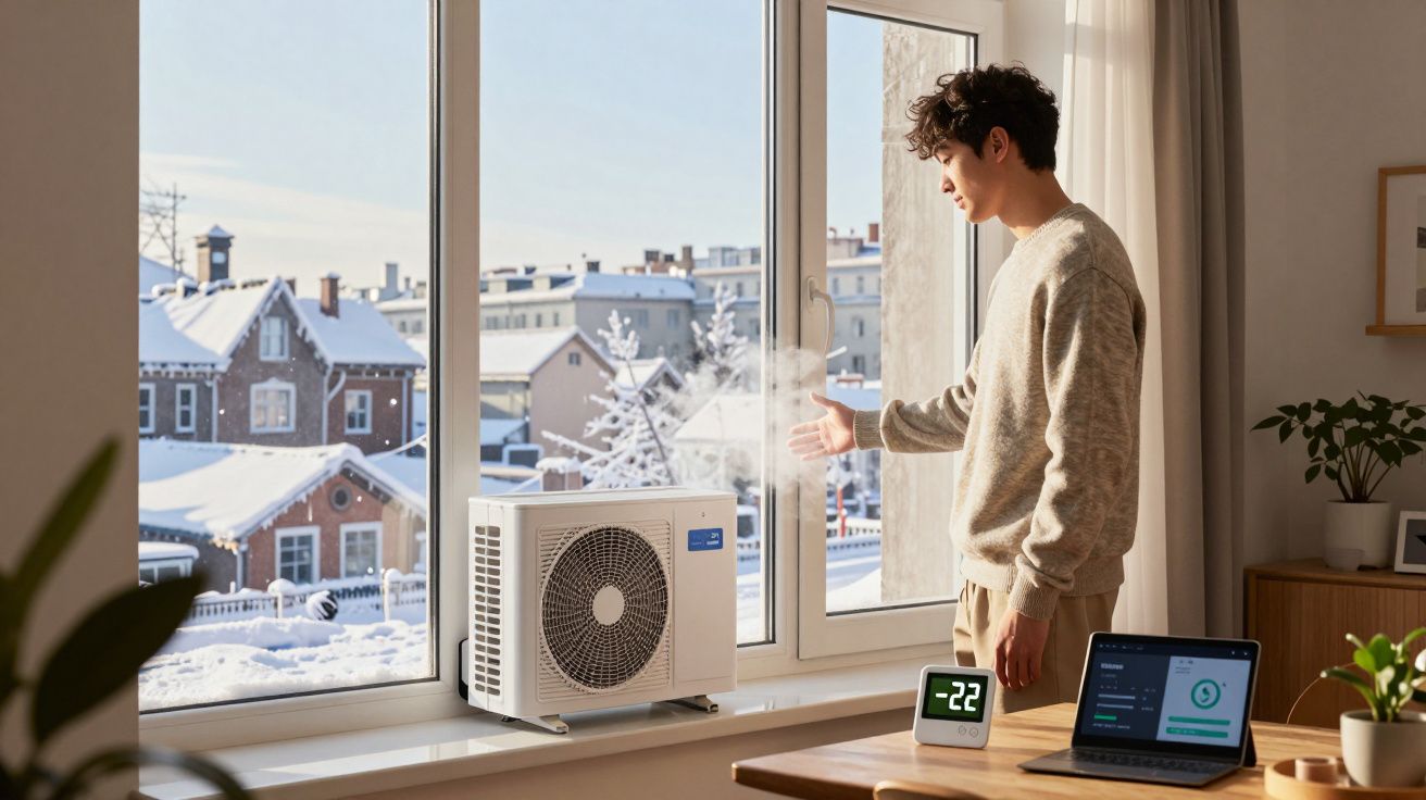 Jovem ao lado de ar-condicionado em ambiente interno observa o termômetro marcando -22°C em janela com neve.