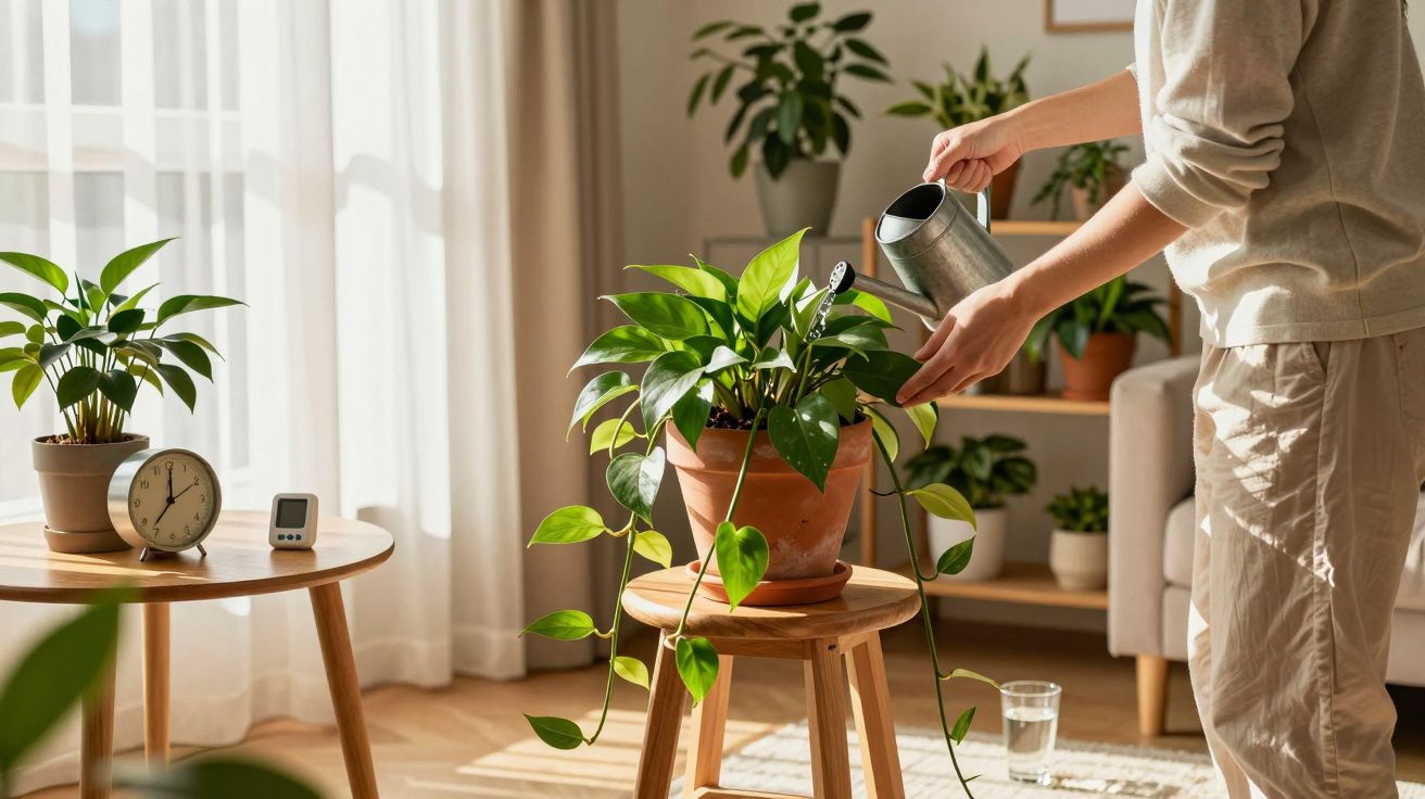 Pessoa regando planta em vaso dentro de casa com iluminação natural e móveis de madeira clara.