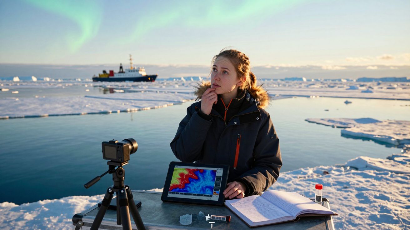 Mulher em casaco de frio observa o céu com aurora boreal, entre gelo e água, com equipamento científico e navio ao fundo.