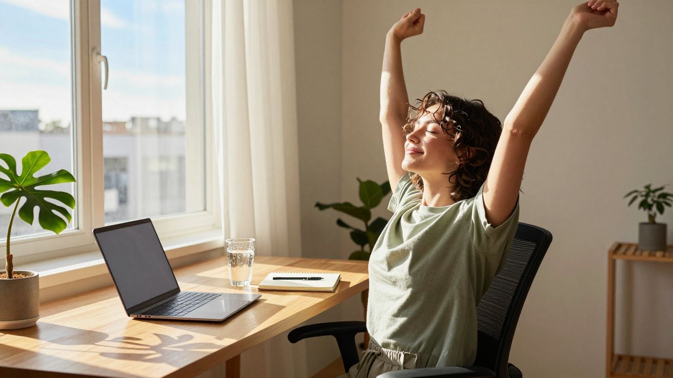 Pessoa esticando os braços sentado à mesa com laptop próximo à janela iluminada pelo sol.