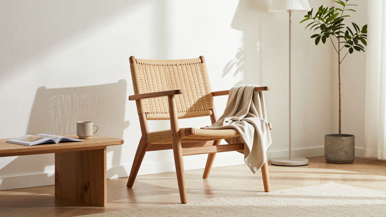 Cadeira de madeira com tecido cinza, mesa baixa com livro e xícara, planta e luminária em sala iluminada natural.