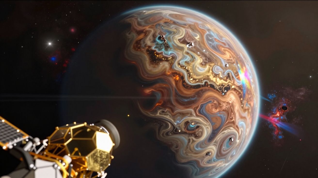 Nave espacial observando planeta com superfície colorida e padrão ondulado no espaço sideral.