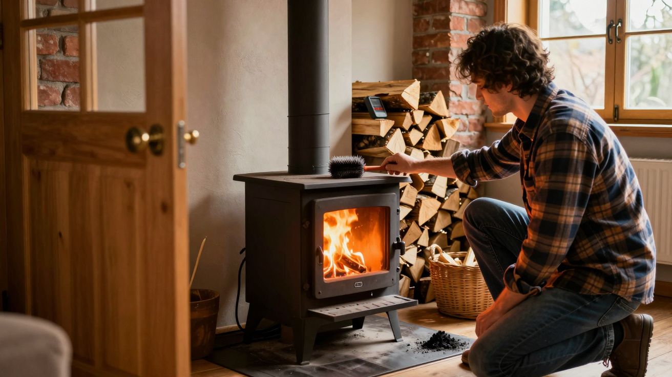 Homem agachado ajusta fogo em lareira à lenha dentro de casa aconchegante com janela e pilha de madeira.