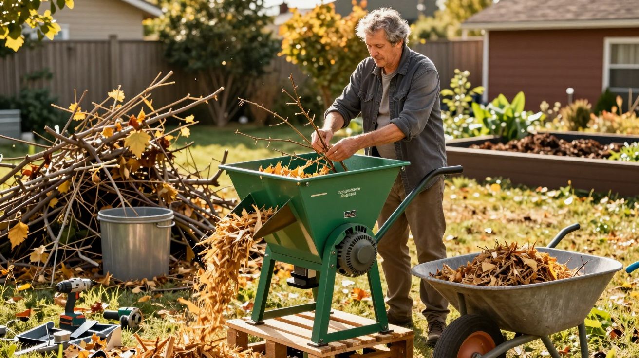 Homem usando triturador para processar galhos e folhas secas em jardim residencial ao ar livre.