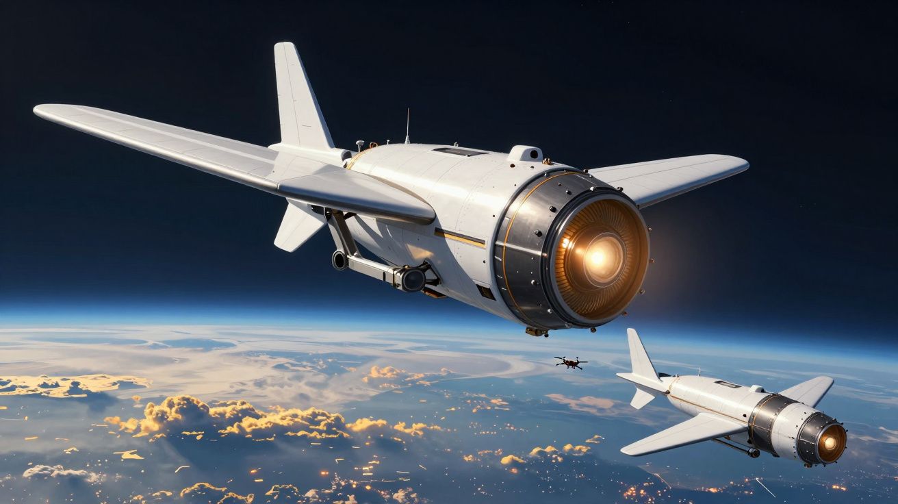 Dois drones voando acima das nuvens com luzes acesas em um céu escuro e azul.