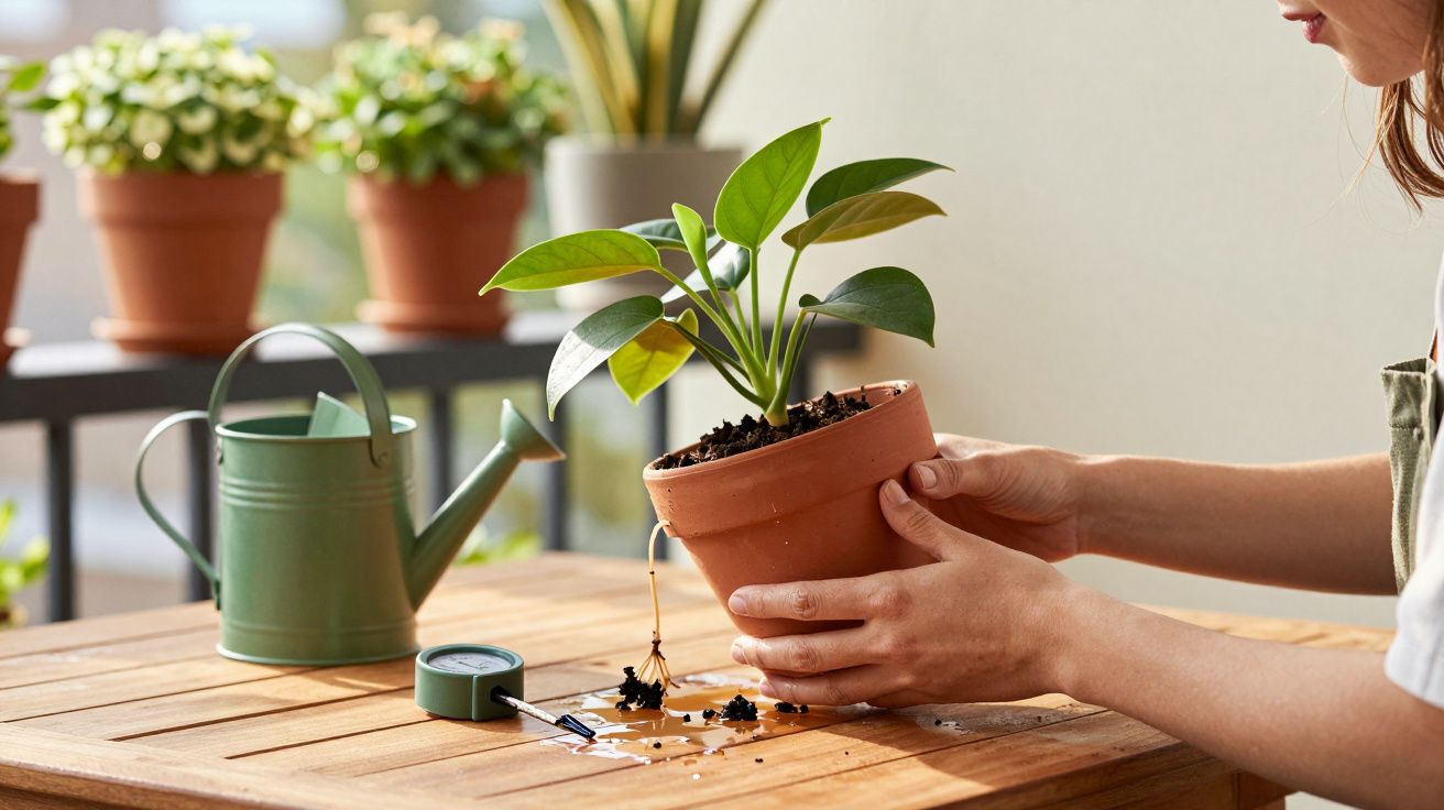 Pessoa segurando vaso de barro com planta jovem sobre mesa de madeira, regador e medidor ao lado.