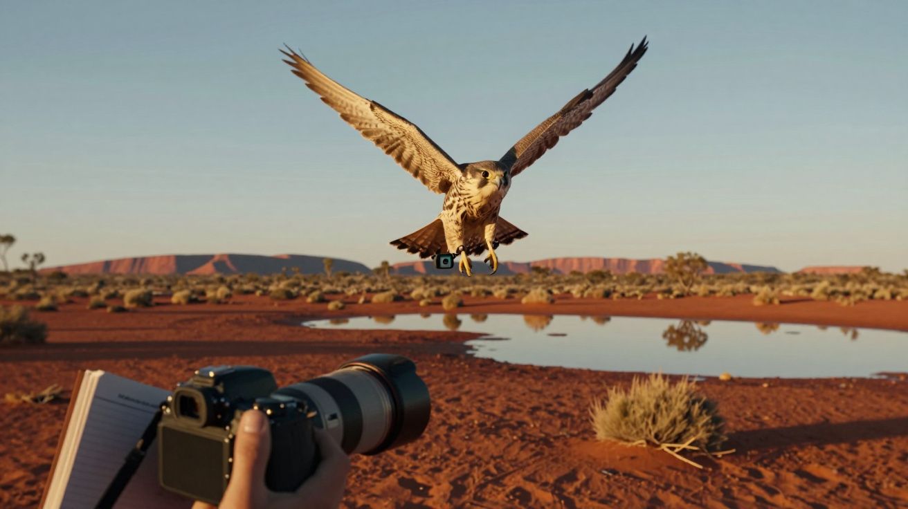 Falcão voando com câmera presa à pata em área desértica vermelha com lago e câmera fotográfica em primeiro plano.