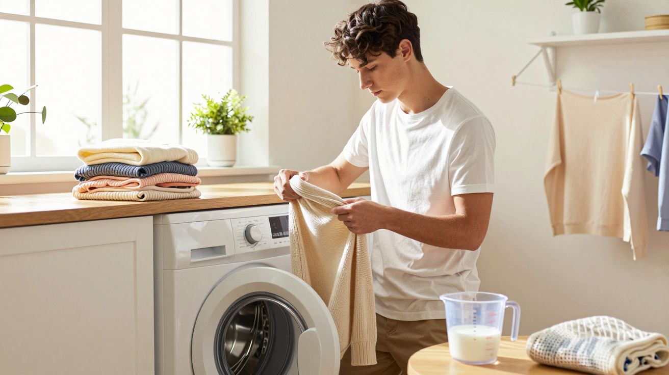 Jovem retirando roupa da máquina de lavar em lavanderia iluminada e organizada.