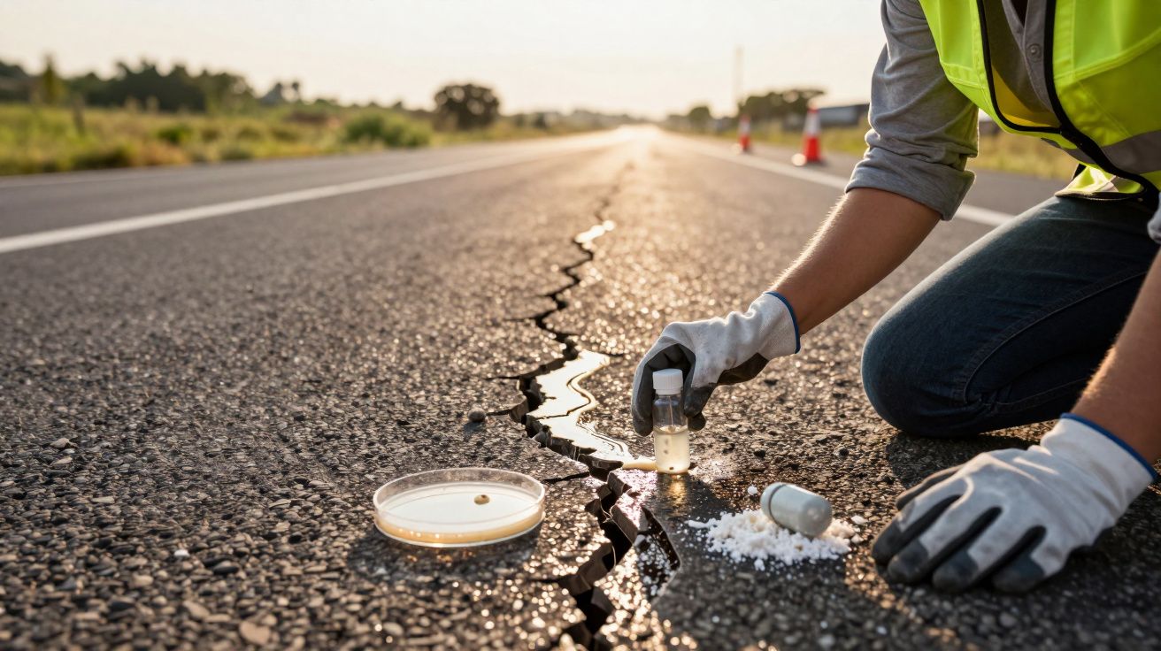 Pessoa com luvas coletando amostra de água em fissura de asfalto em estrada ao pôr do sol.