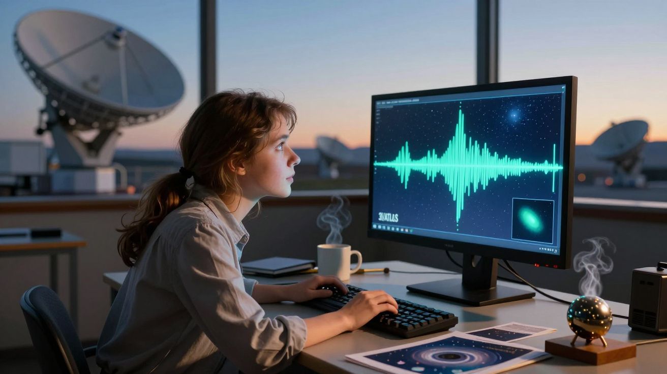 Mulher cientista analisando ondas sonoras e imagens espaciais em computador com antenas parabólicas ao fundo.