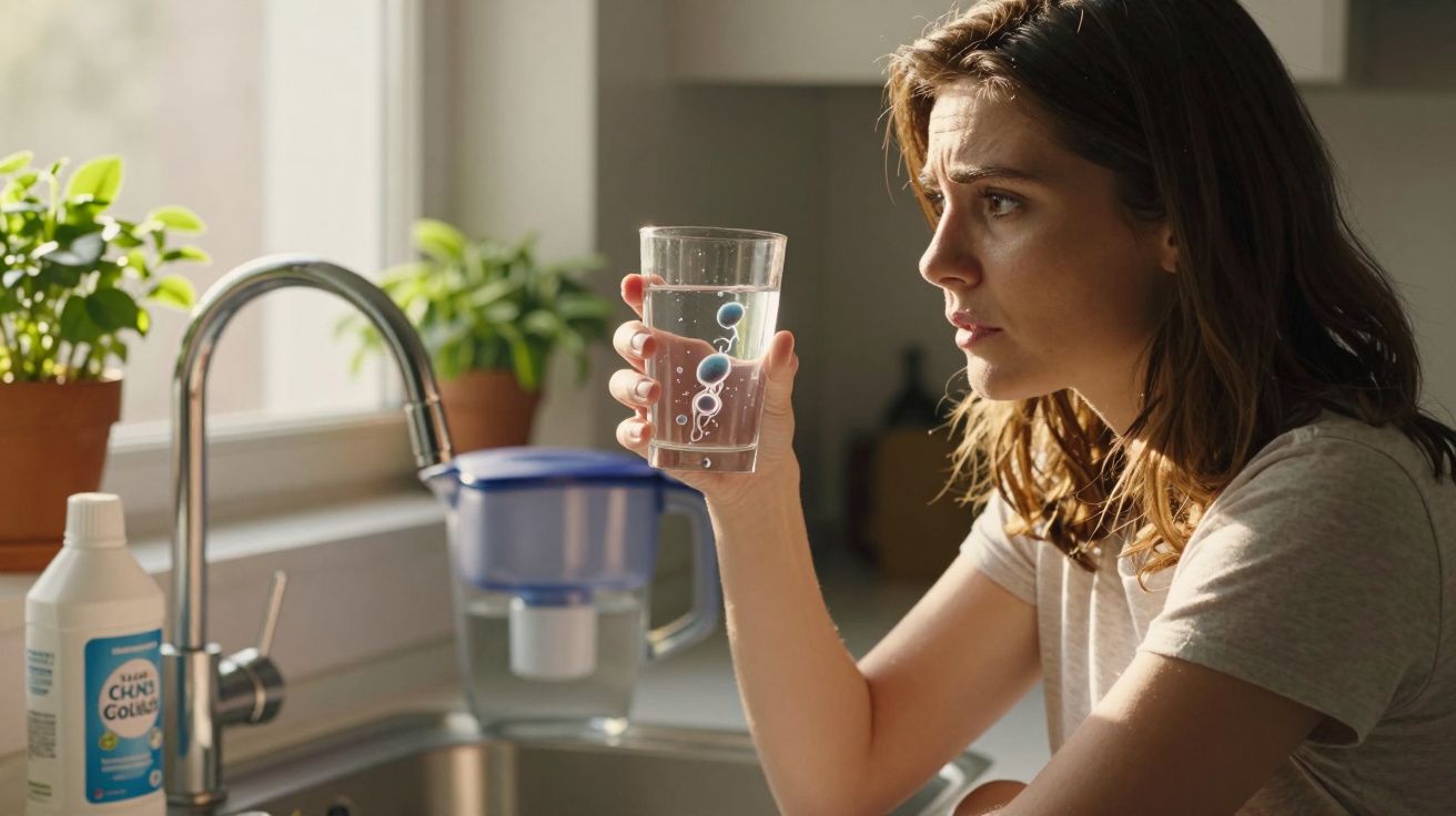 Mulher olhando atentamente para copo com água na cozinha perto da pia e plantas.