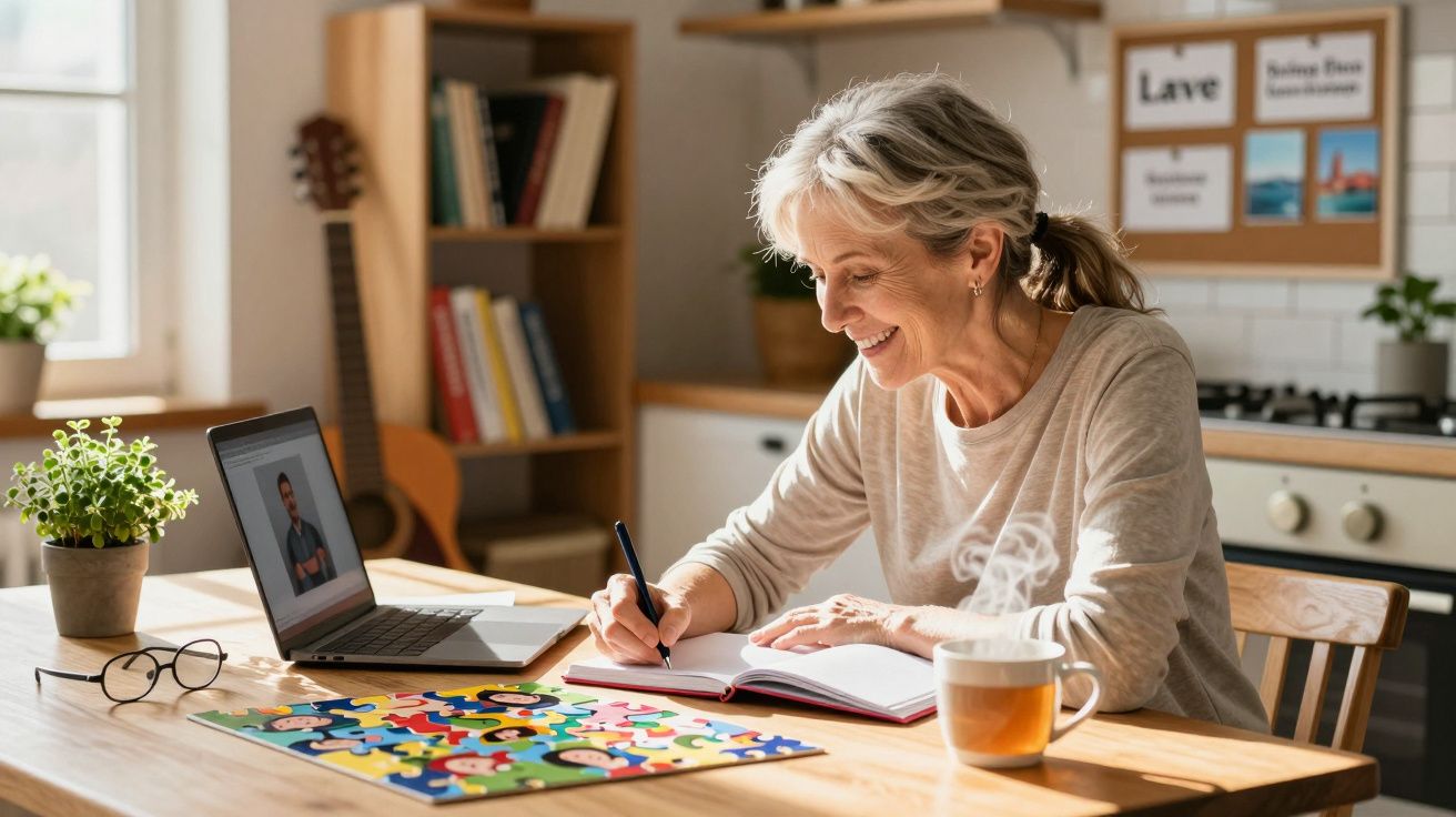 Mulher sorrindo escreve em caderno durante aula online na cozinha com chá e quebra-cabeça na mesa.