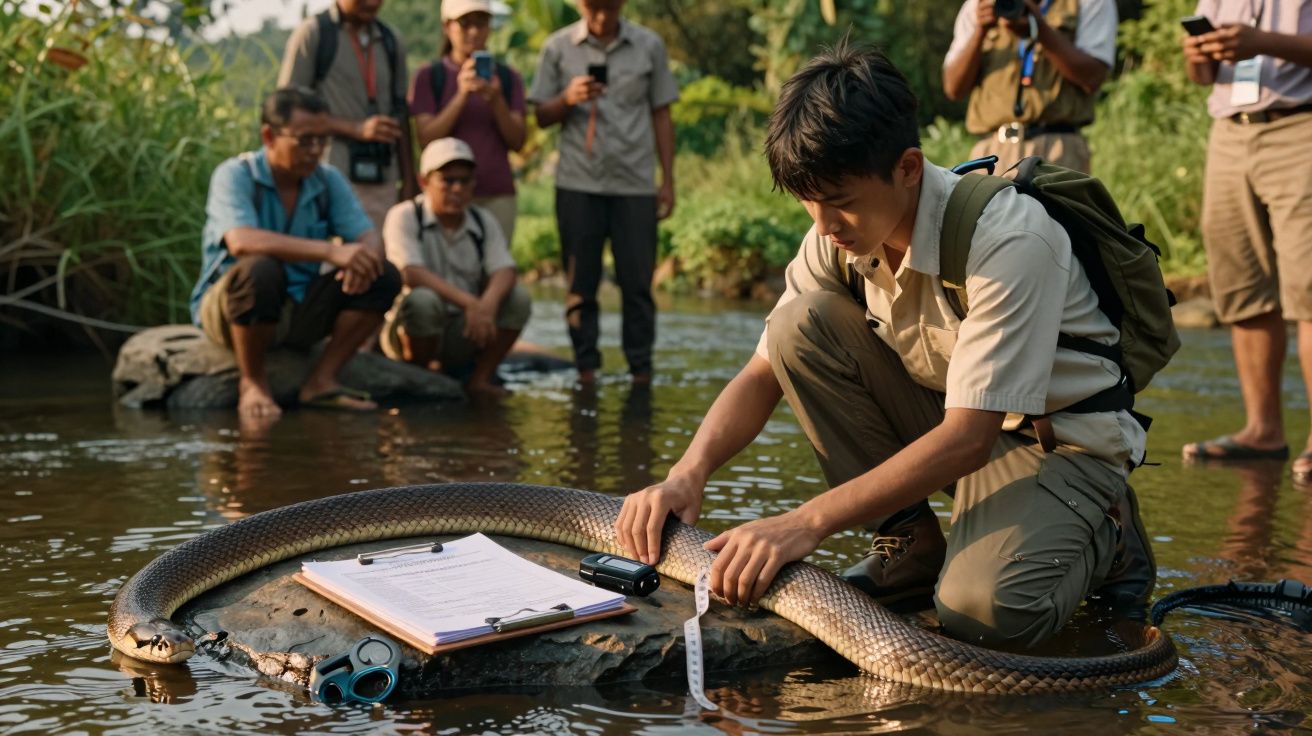 Jovem pesquisador mede cobra grande em rio enquanto grupo observa e registra com celular.