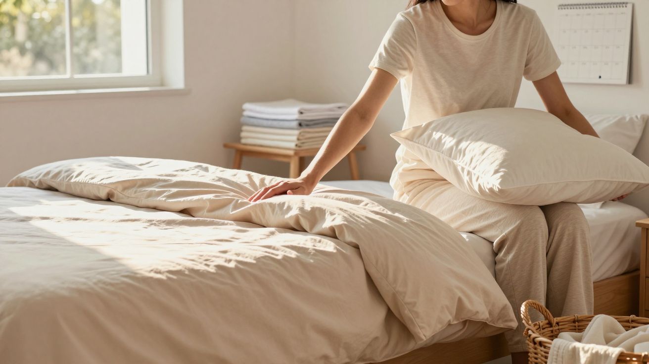 Pessoa ajeitando roupa de cama bege em quarto iluminado por luz natural durante o dia.