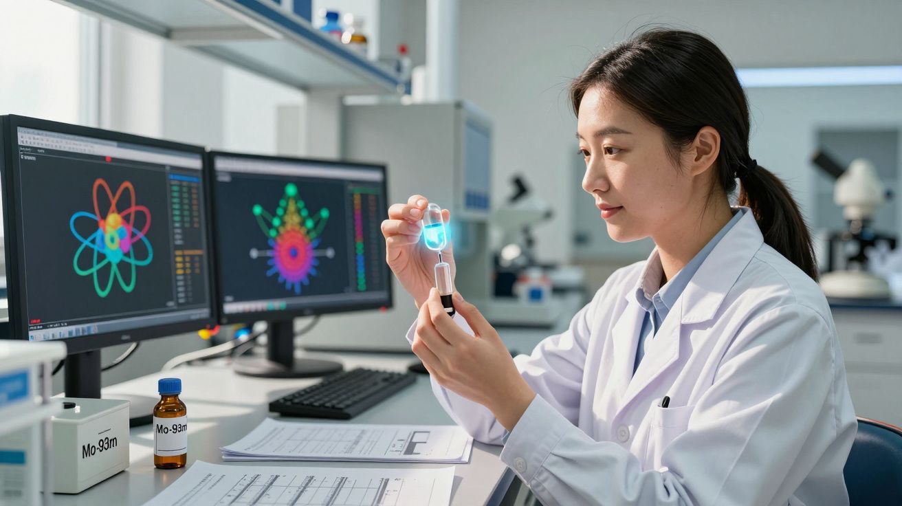 Cientista em laboratório segurando frasco com líquido azul, ao lado de monitores exibindo gráficos coloridos.