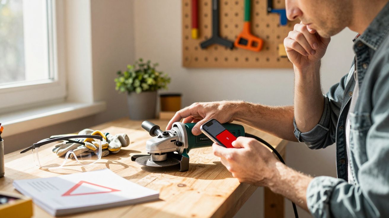 Homem segurando esmerilhadeira e celular vermelho em bancada de madeira com ferramentas ao fundo.