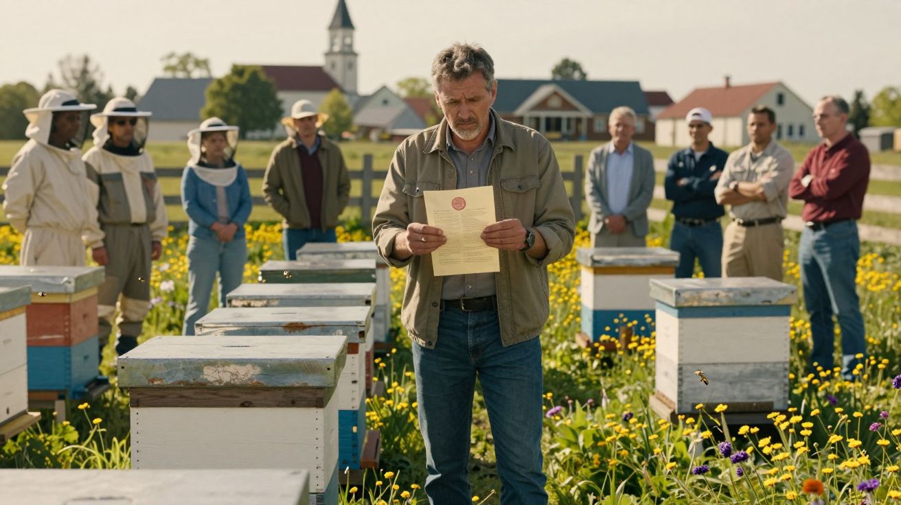 Homem lendo documento em campo de colmeias, cercado por pessoas e flores em ambiente rural.