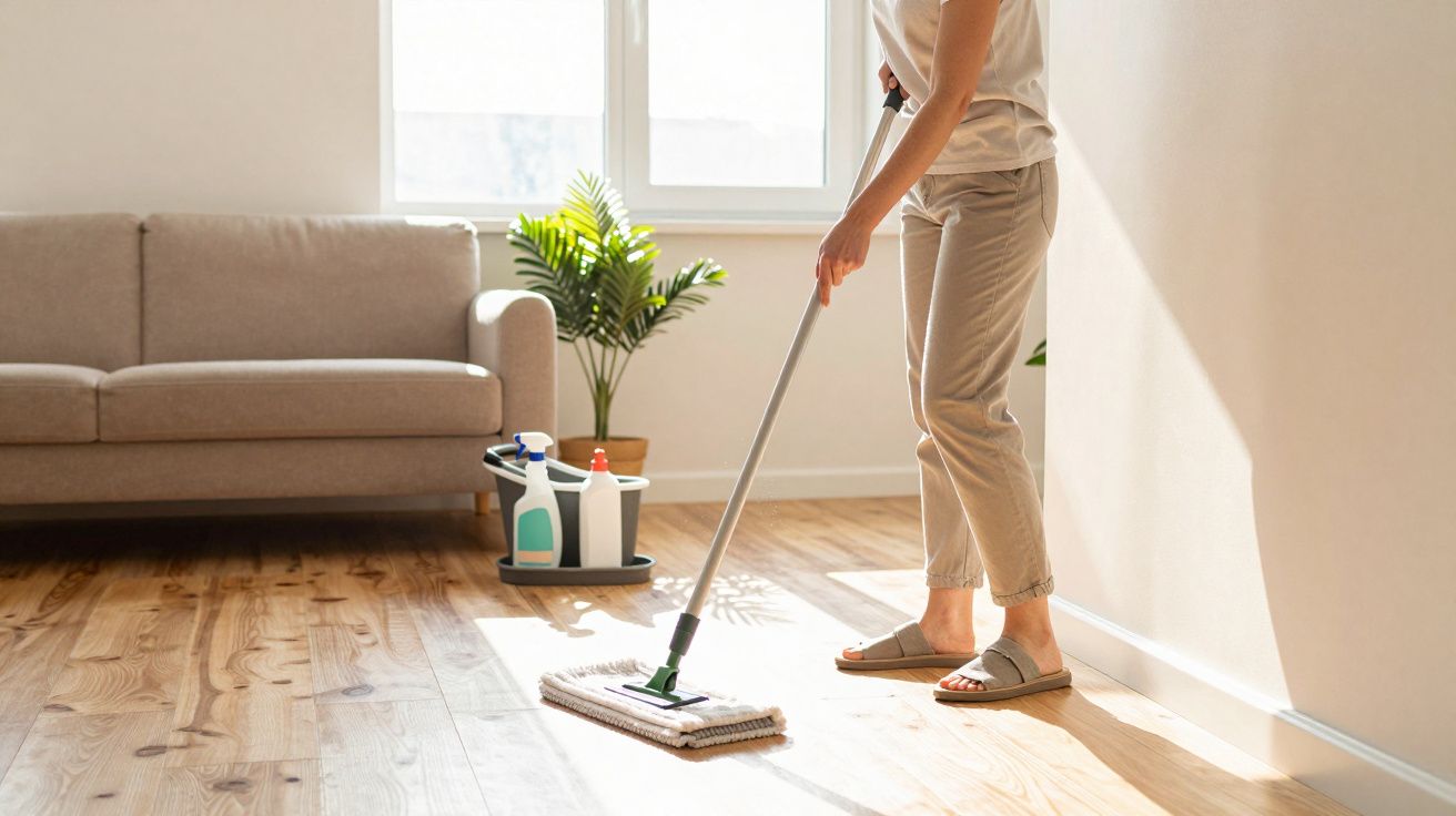 Pessoa limpando chão de madeira com esfregão em sala iluminada e móveis claros.