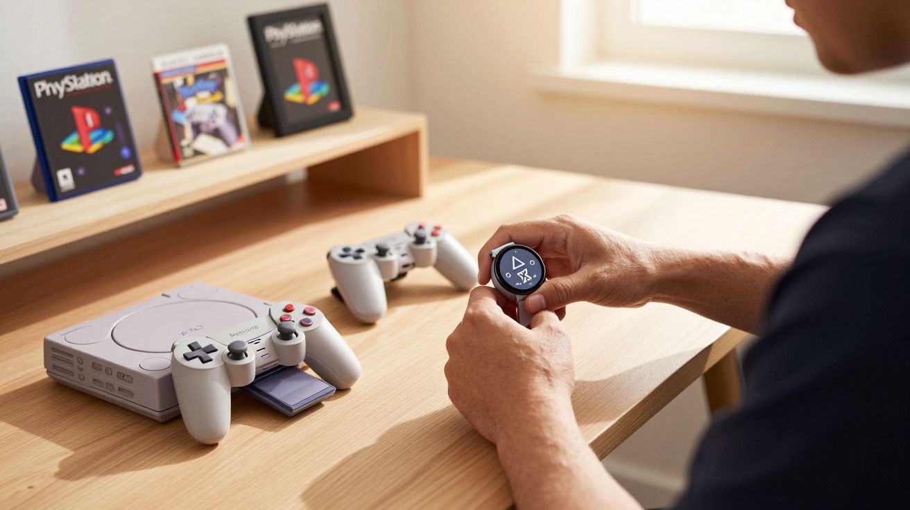 Pessoa segurando relógio inteligente com controle e videogame PlayStation clássico sobre mesa de madeira.