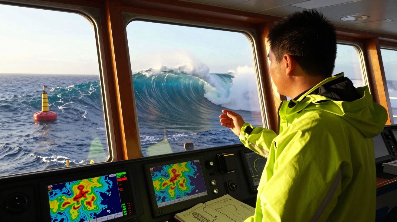 Homem com jaqueta amarela observa onda grande e bóia vermelha no mar a partir de um barco.