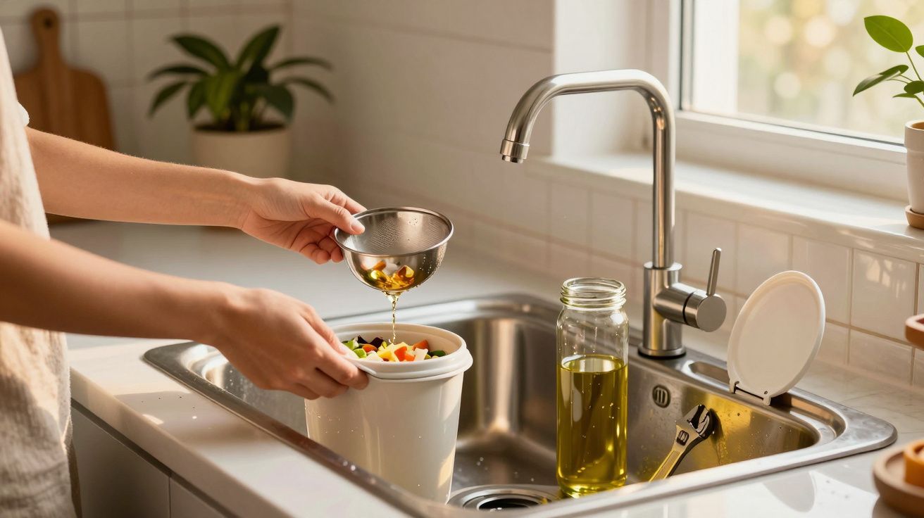 Pessoa escoando líquido de restos de comida em recipiente para compostagem na pia da cozinha.