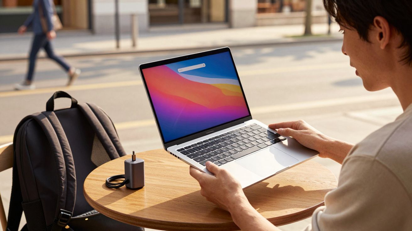 Pessoa sentada ao ar livre com laptop aberto em mesa redonda de madeira e mochila ao lado.