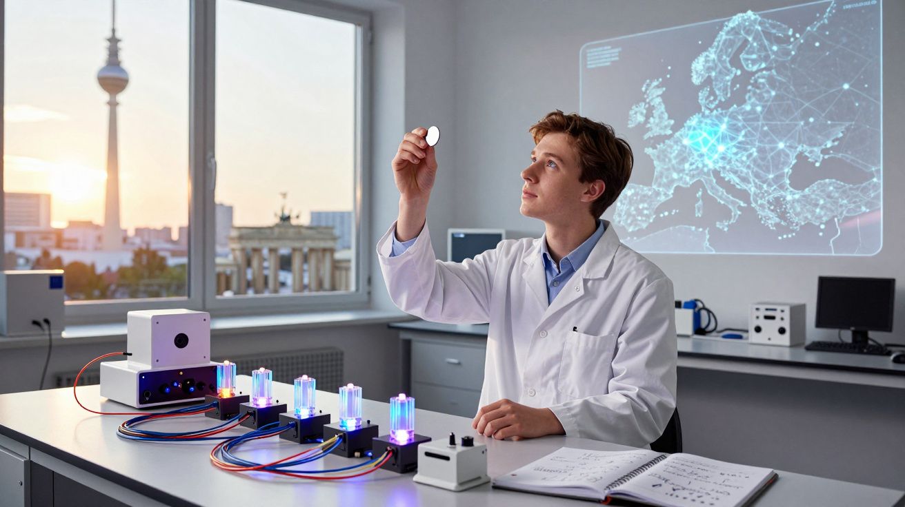 Jovem cientista em laboratório analisando objeto circular com equipamentos tecnológicos e mapa digital da Europa ao fundo.