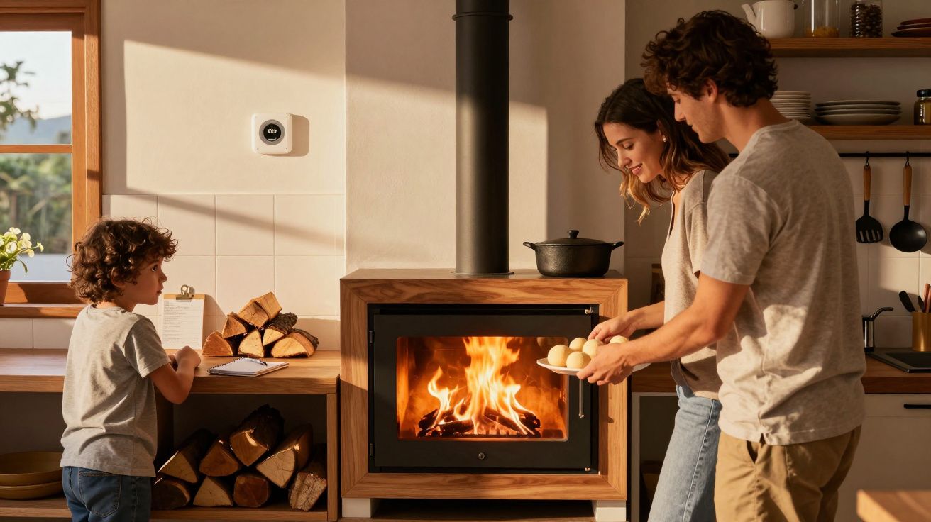 Família preparando ovos na cozinha ao lado de lareira acesa em ambiente acolhedor e iluminado pelo sol.