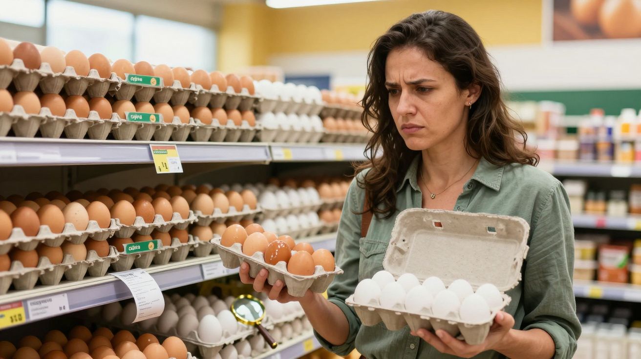 Mulher compara ovos brancos e marrons na prateleira de supermercado com expressão pensativa.