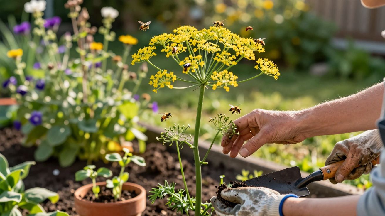 Pessoa com luvas cuidando de planta amarela enquanto abelhas voam ao redor em jardim ensolarado.
