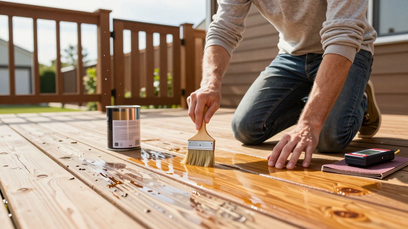 Pessoa aplicando verniz em deck de madeira em área externa com pincel, ao lado de lata de verniz e rádio.