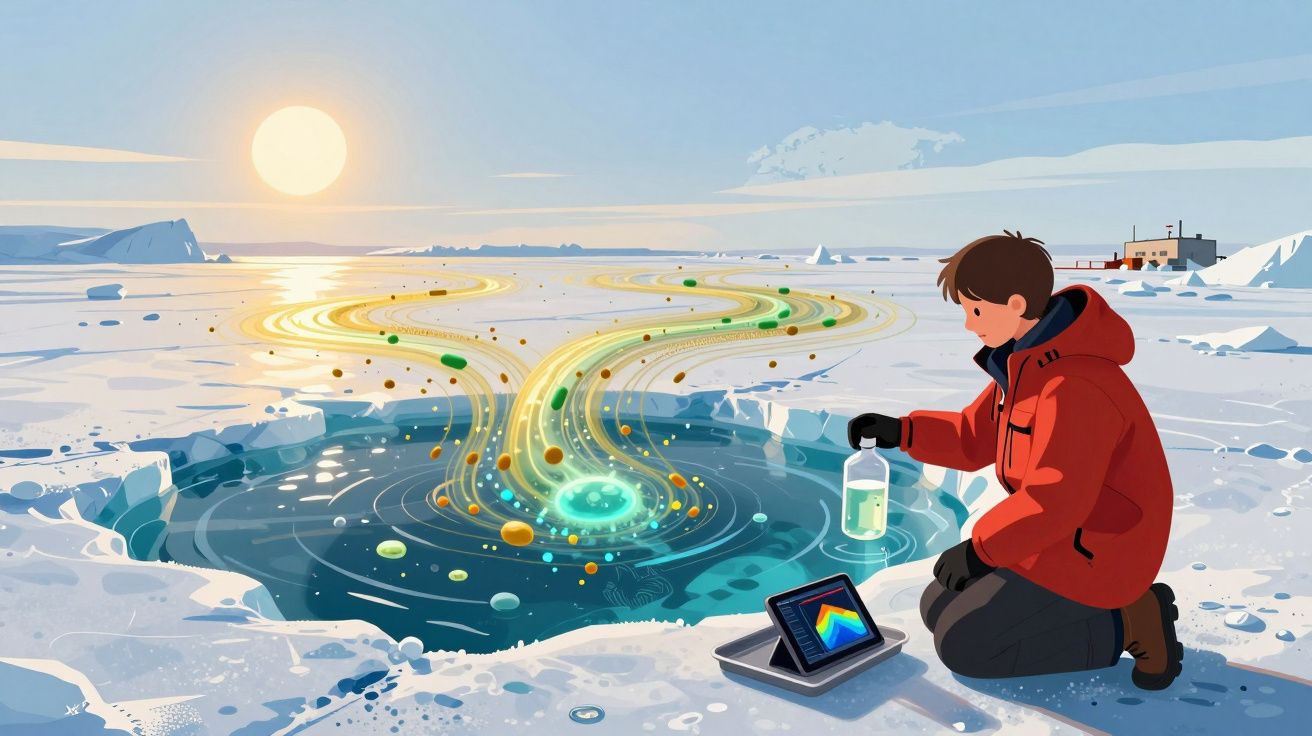 Criança em casaco vermelho coleta amostra em buraco no gelo com luzes coloridas saindo da água, em paisagem ártica.