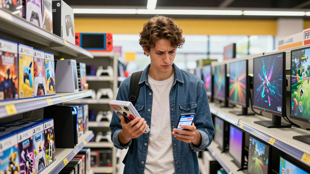 Jovem em loja de eletrônicos comparando preços de videogames no celular, rodeado por consoles e TVs.