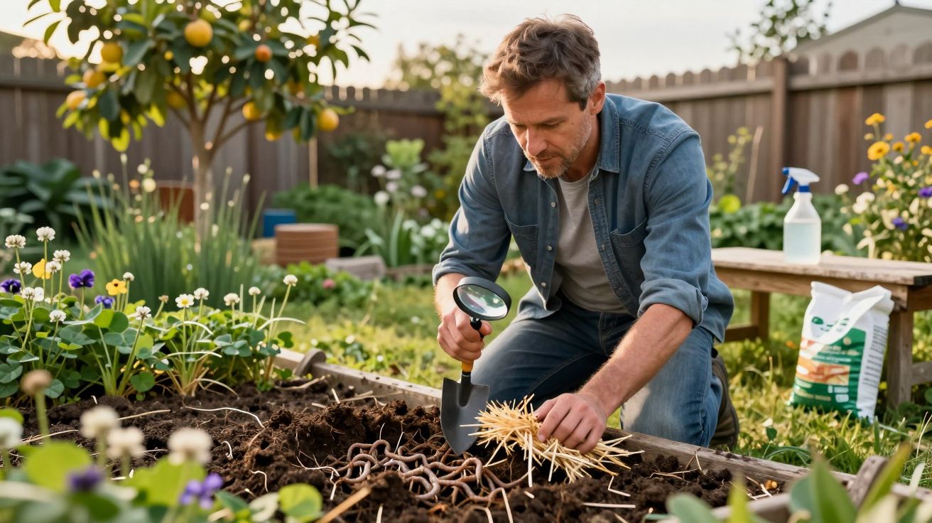 Homem usando lupa e faca de jardinagem em canteiro com minhocas e palha em jardim ensolarado.